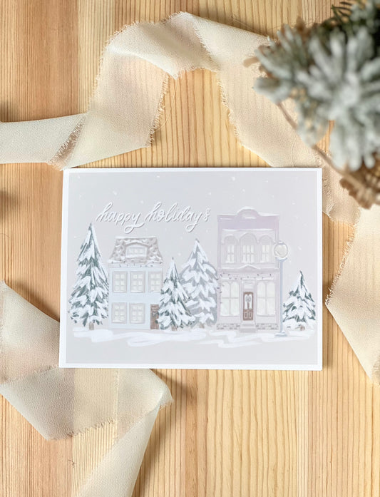 happy holidays greeting card- cute pastel Christmas town