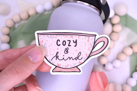 Cozy and Kind Teacup Sticker 3x1.73in